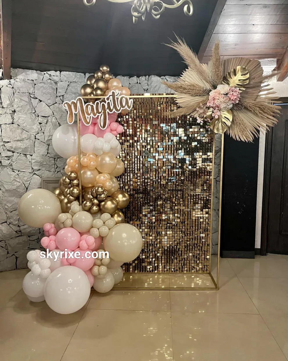 Custom Name Gold Shimmer Balloon Frame with Pampas Floral